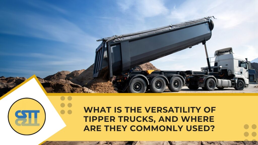 A large tipper truck unloading a pile of brown soil at a construction site under a bright blue sky