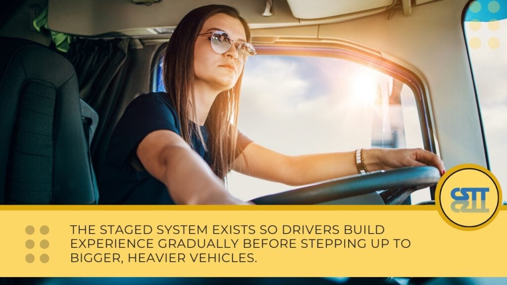 A young woman driving a truck.