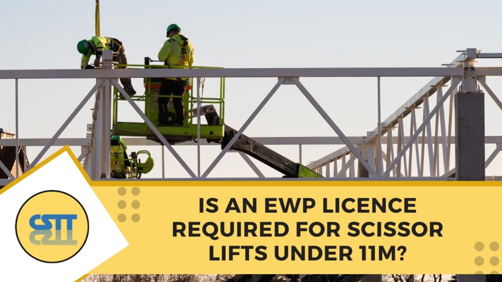 Two construction workers operating an elevated work platform at a building site