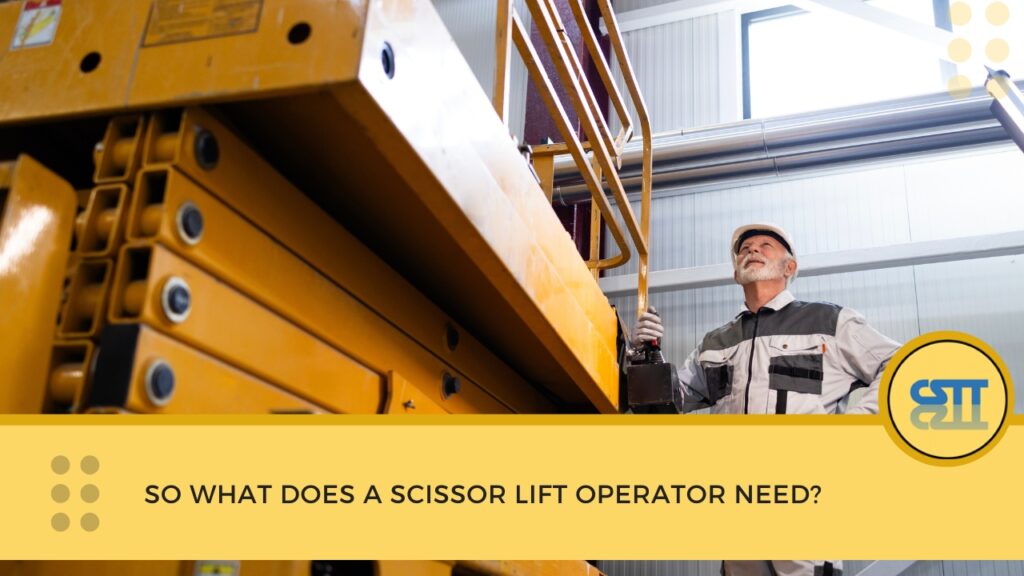 An operator wearing a hard hat and workwear looking up while operating a yellow scissor lift